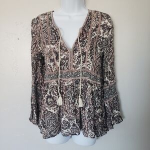 American Eagle Small Paisley Print Long Sleeve Blouse Mauve Pink White Red Black